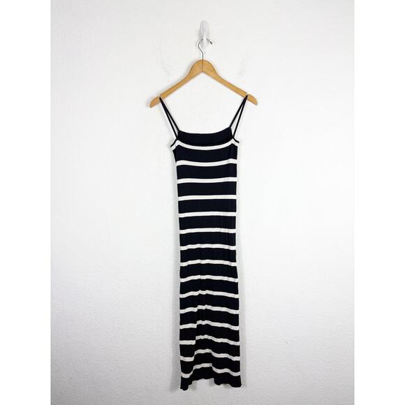 Zara Navy Striped Square-Neck Maxi Dress Medium Ribbed Knit Stretch Minimalist - Picture 12 of 13